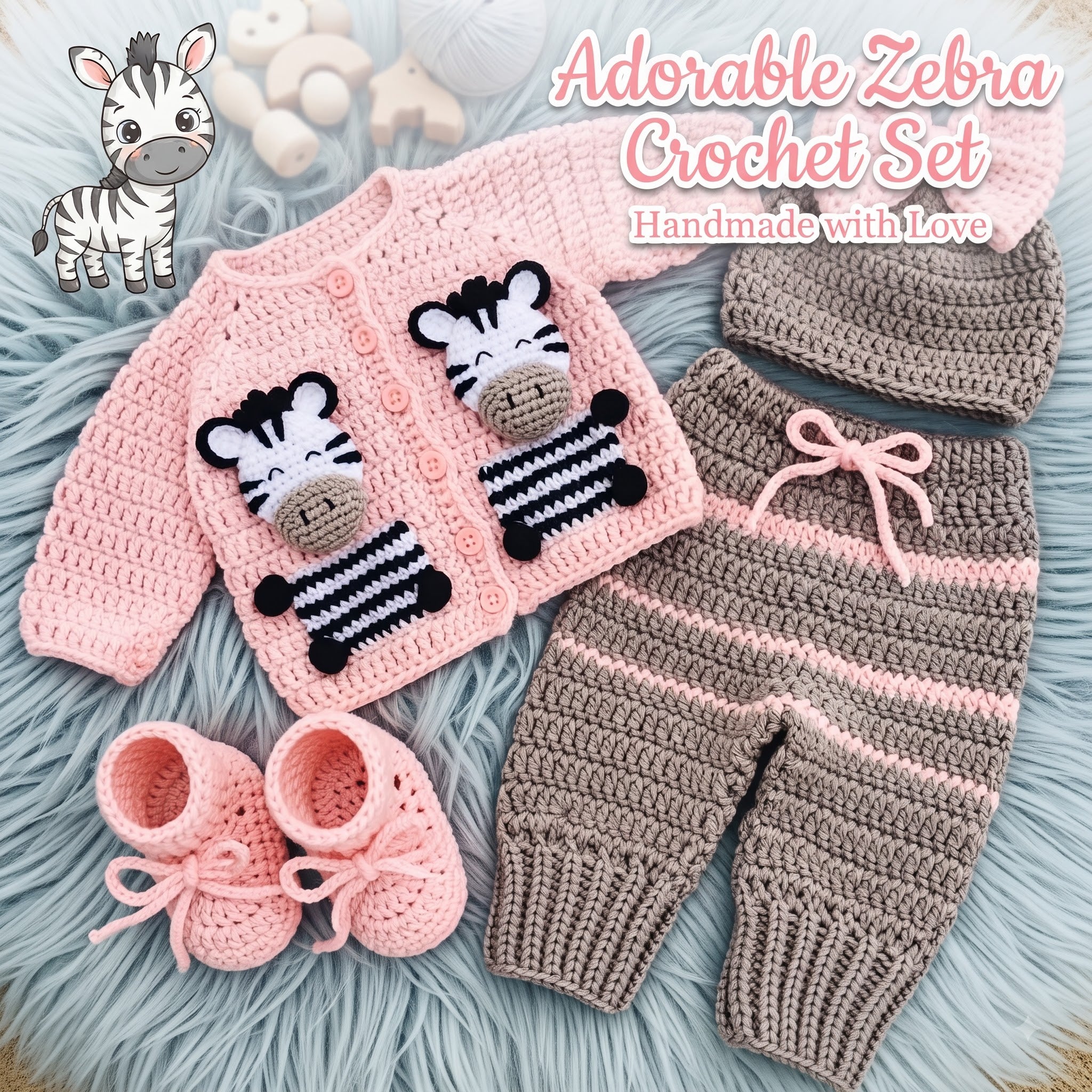 Crochet Zebra Baby Outfit Set, Pink Cardigan, Pants, Bow Hat and Booties, Newborn Photo Prop, Coming Home Outfit, Baby Shower Gift