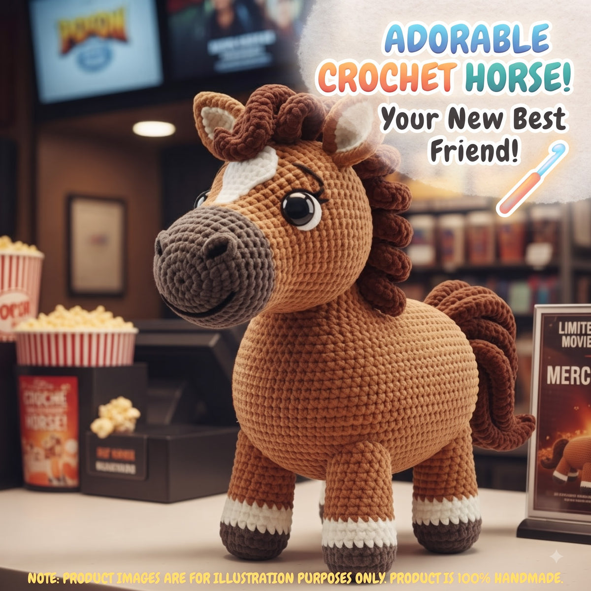 A crocheted brown horse toy with a white blaze and dark brown mane, tail, and hooves, displayed on a counter in a movie theater concession area with popcorn buckets and a sign in the background. Text overlays read 'ADORABLE CROCHET HORSE! Your New Best Friend!'.