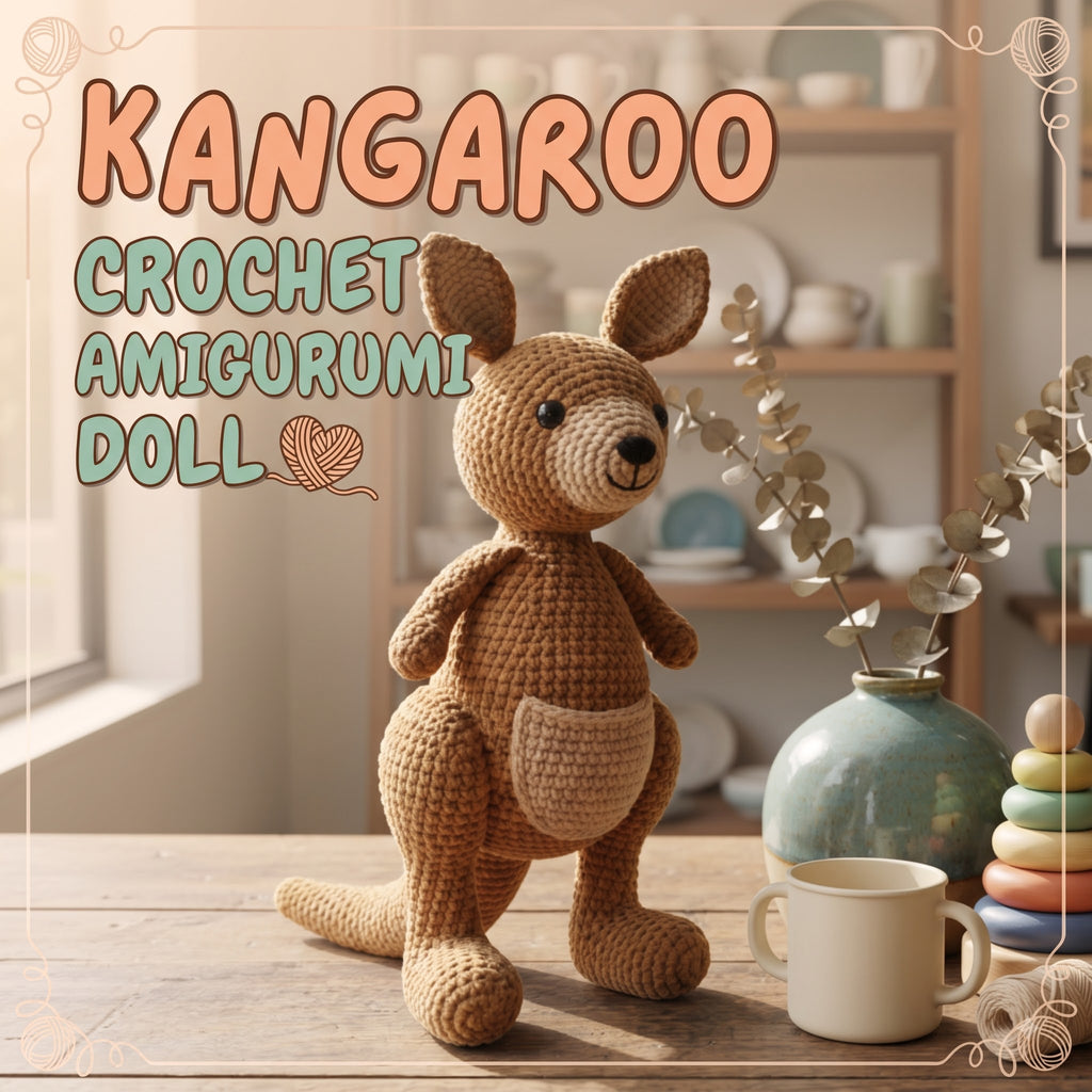 A crocheted kangaroo doll sits on a wooden table in a warm, softly lit room. Large text at the top reads “KANGAROO CROCHET AMIGURUMI DOLL.