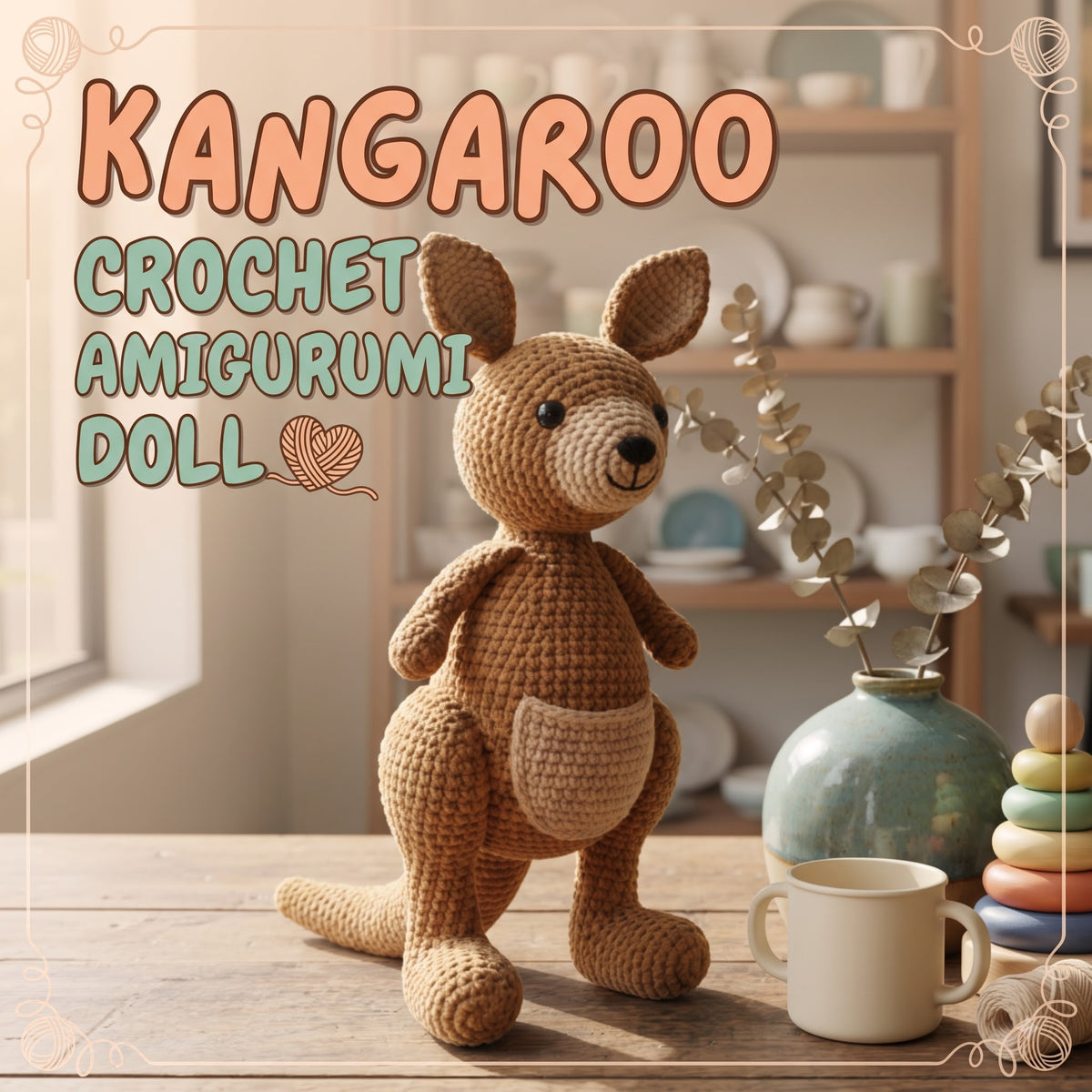 A crocheted kangaroo doll sits on a wooden table in a warm, softly lit room. Large text at the top reads “KANGAROO CROCHET AMIGURUMI DOLL.