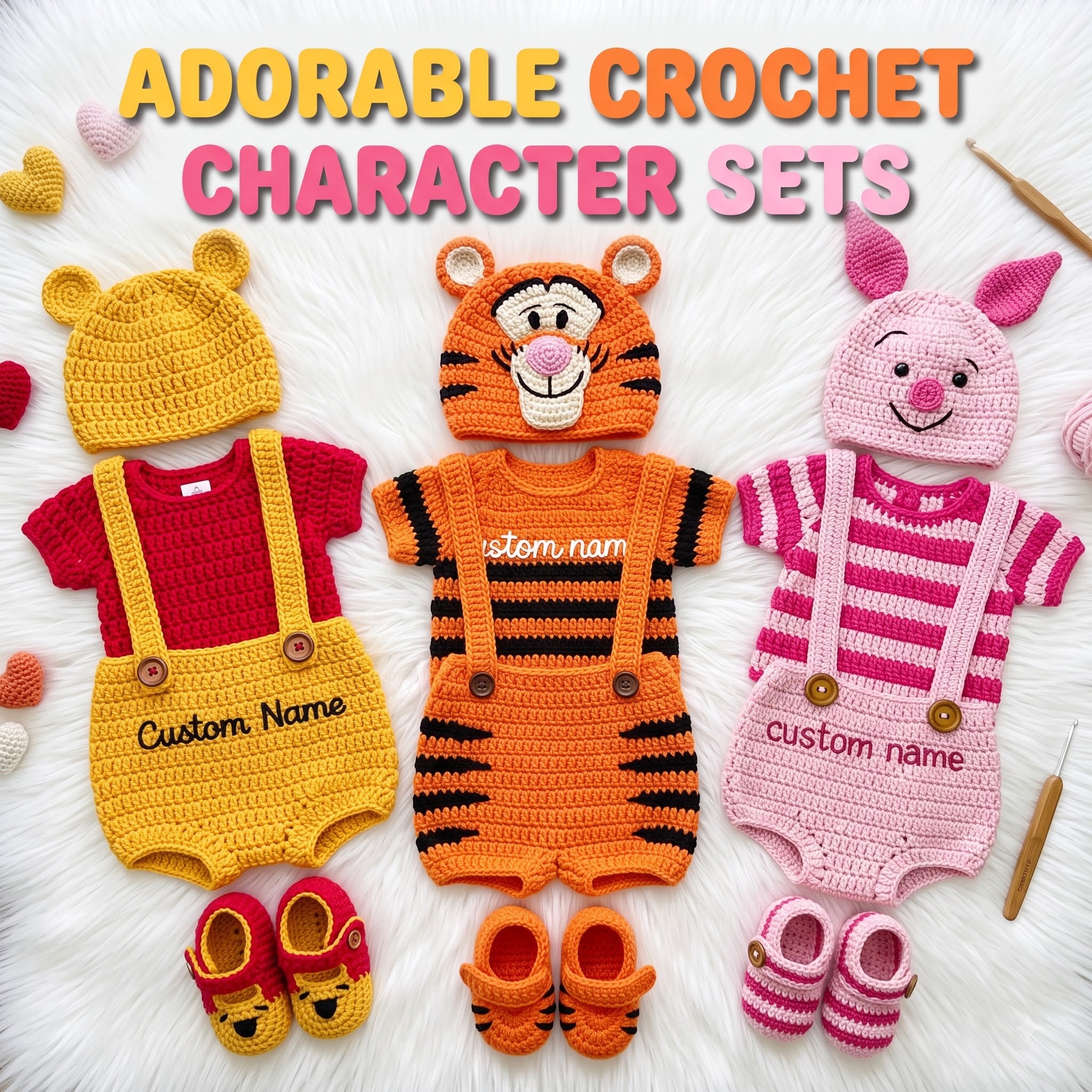 Personalized Crochet Baby Outfit, Winnie the Pooh Tigger or Piglet Romper Set, Hat and Booties, Newborn Photo Prop, Baby Shower Gift