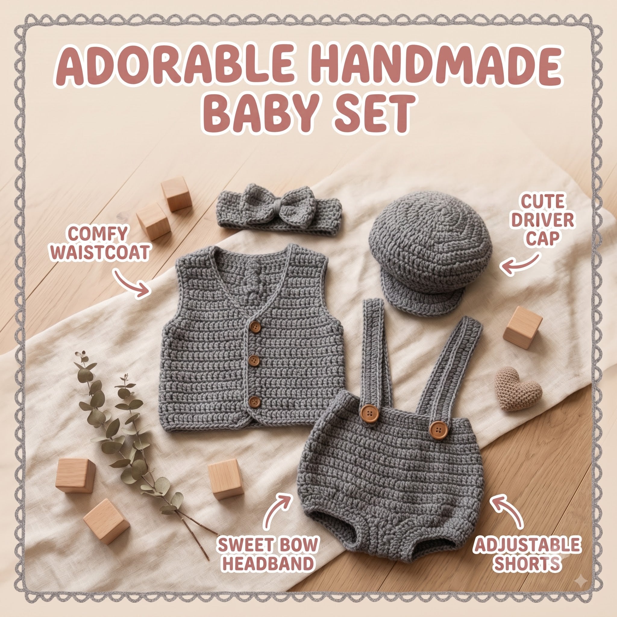 Crochet Baby Outfit, Newsboy Cap, Vest, Suspender Bloomers and Bow Headband, Newborn Photo Prop, Coming Home Outfit, Baby Shower Gift