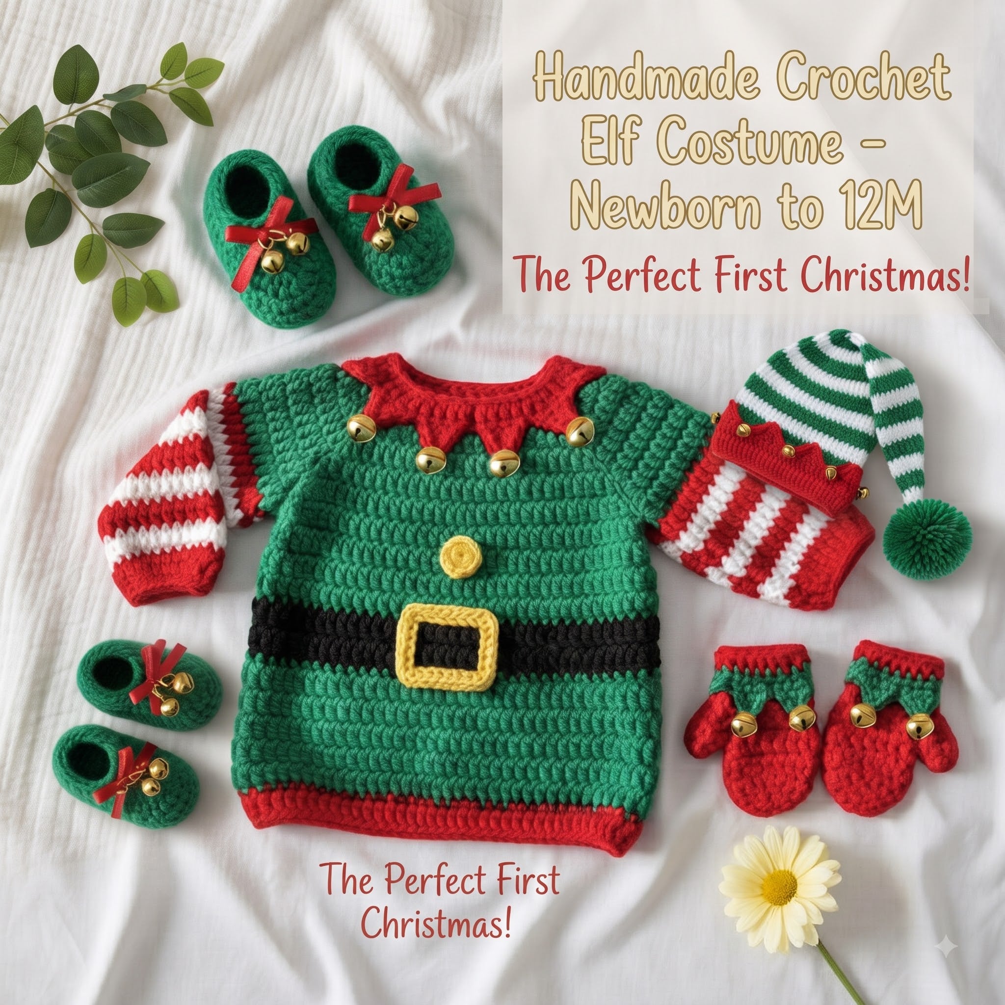 Crochet Baby Elf Outfit, Christmas Sweater Hat Booties and Mittens Set, Newborn Photo Prop, First Christmas Costume, Holiday Gift
