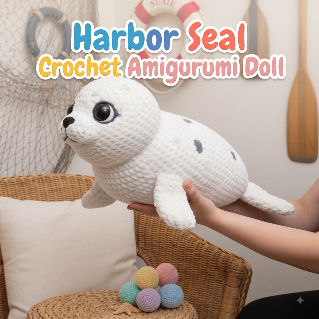 A white crocheted seal amigurumi doll being held by a person's hands in a cozy indoor setting with nautical decor, including a life preserver, wooden paddle, and wicker chair. Text overlay reads 'Harbor Seal Crochet Amigurumi Doll'.