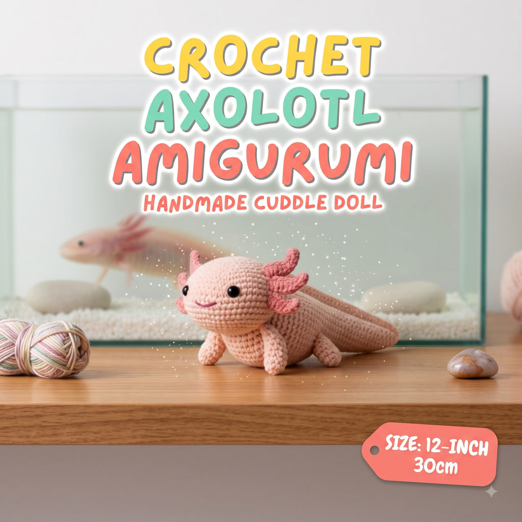 A crocheted axolotl cuddle doll in pale pink is displayed on a wooden surface in front of a glass aquarium. Large text at the top reads 'CROCHET AXOLOTL AMIGURUMI HANDMADE CUDDLE DOLL,' and a pink tag at bottom right says 'SIZE: 12-INCH 30cm.