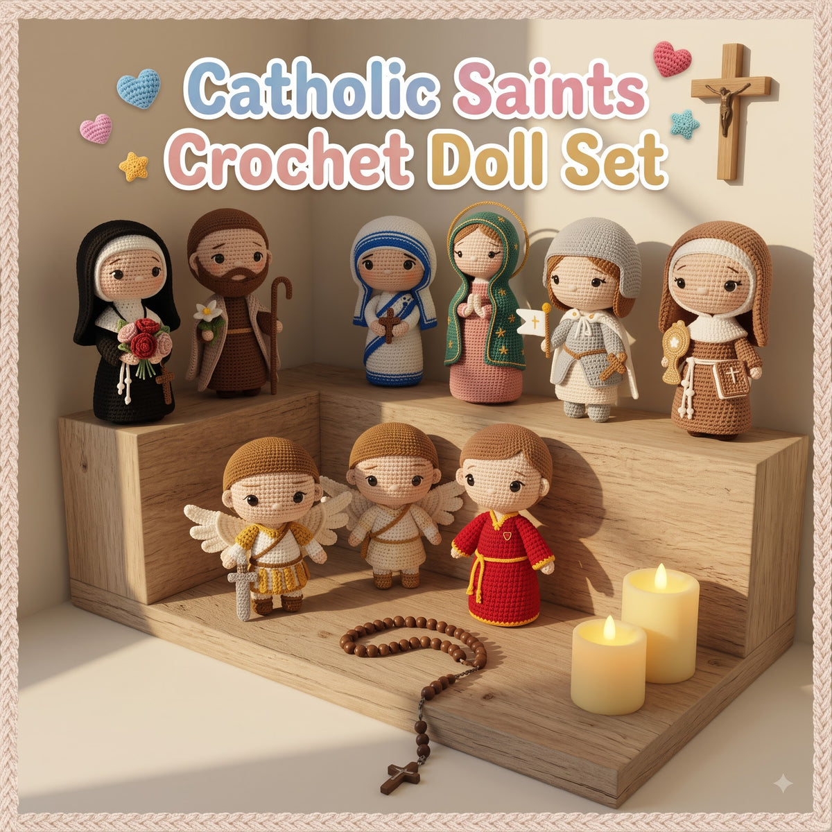 Catholic Saints crochet doll set displayed on a wooden shelf with candles, a rosary, and a cross, under a text overlay reading 'Catholic Saints Crochet Doll Set'.
