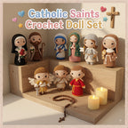 Catholic Saints crochet doll set displayed on a wooden shelf with candles, a rosary, and a cross, under a text overlay reading 'Catholic Saints Crochet Doll Set'.