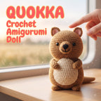 A crocheted amigurumi quokka doll sitting on a wooden windowsill, holding a cream-colored pouch. A human hand is pointing toward the doll from the right side.