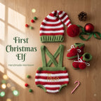 Personalized Crochet Baby Elf Outfit, Christmas Romper Hat and Booties Set, Newborn Photo Prop, First Christmas Holiday Gift