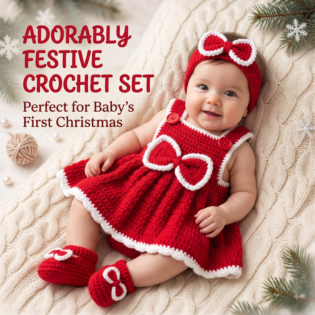 Crochet Christmas Baby Outfit, Red Baby Girl Dress Set with Headband and Booties, Newborn Photo Prop, First Christmas Gift