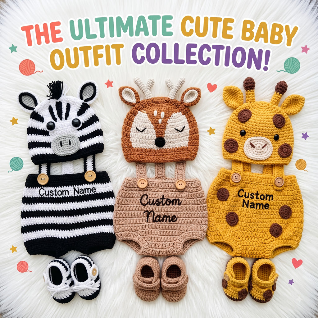 Personalized Crochet Safari Baby Outfit, Zebra Deer Giraffe Romper Set with Hat and Booties, Newborn Photo Prop, Baby Shower Gift