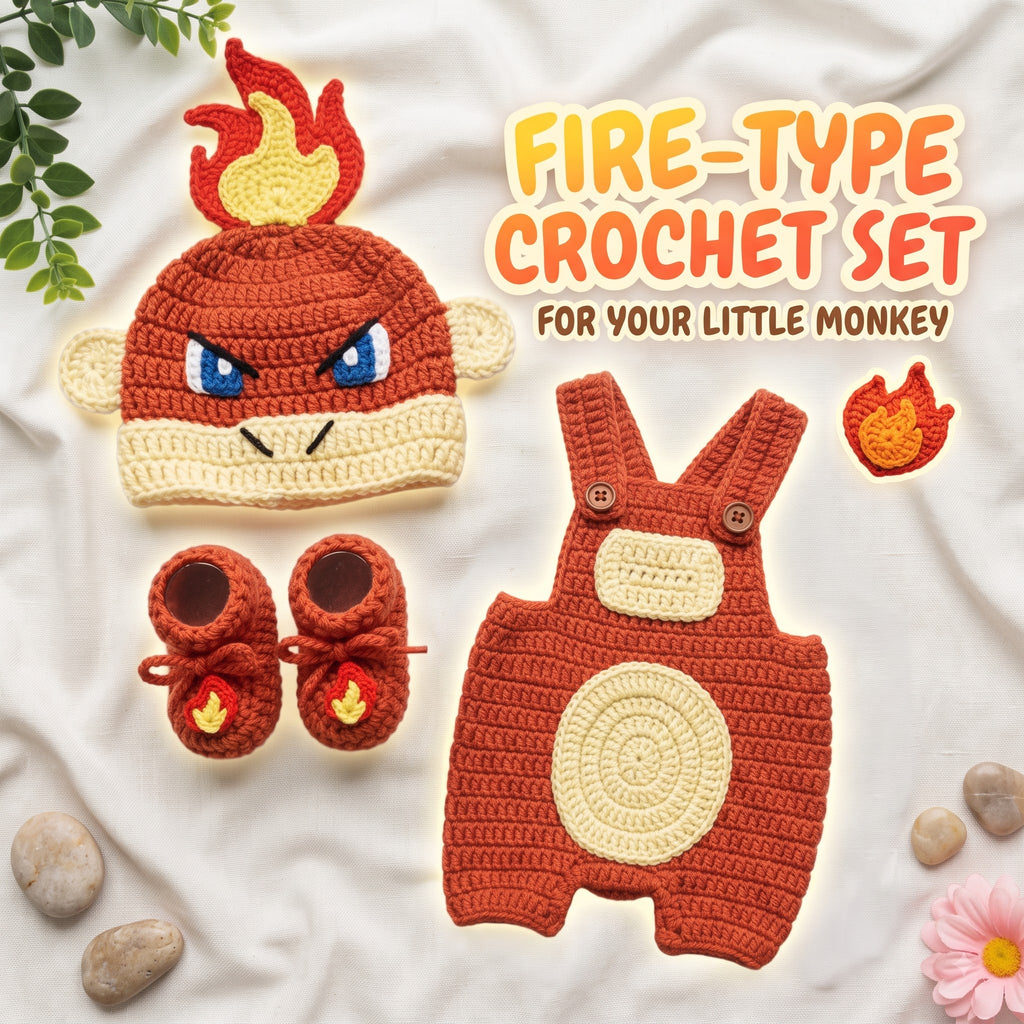 Crochet Chimchar Baby Outfit, Fire Monkey Romper Set with Hat and Booties, Newborn Photo Prop, Pokemon Baby Shower Gift