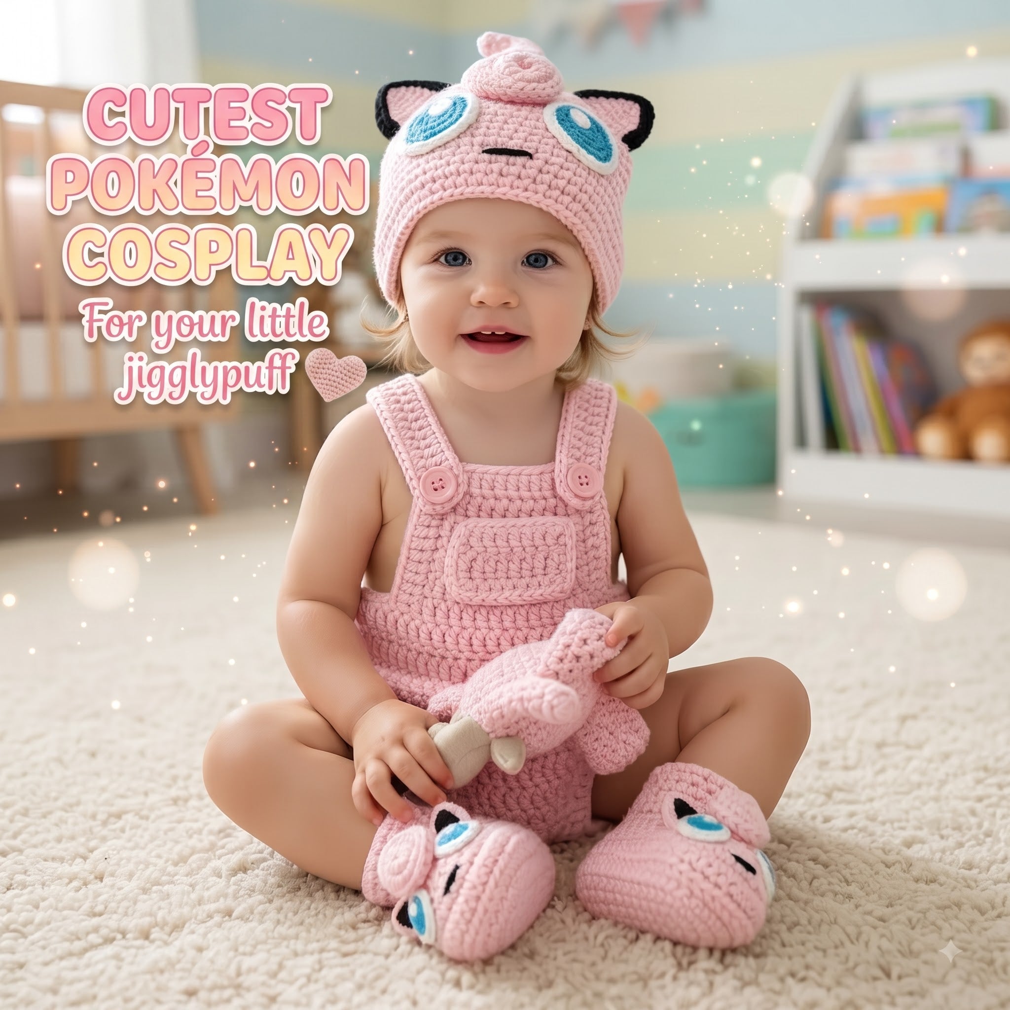 Crochet Jigglypuff Baby Outfit, Pink Pokemon Costume with Hat, Romper and Booties, Newborn Photo Prop, Baby Shower Gift