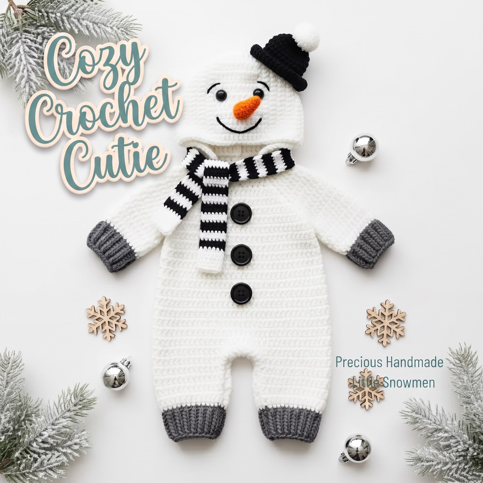 Crochet Snowman Baby Outfit, Hooded Romper with Scarf, Newborn Christmas Photo Prop, Baby’s First Christmas Gift, Winter Costume