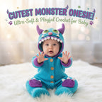 Crochet Blue Monster Baby Outfit, Hooded Romper with Horns, Newborn Halloween Costume, Infant Photo Prop, Baby Shower Gift