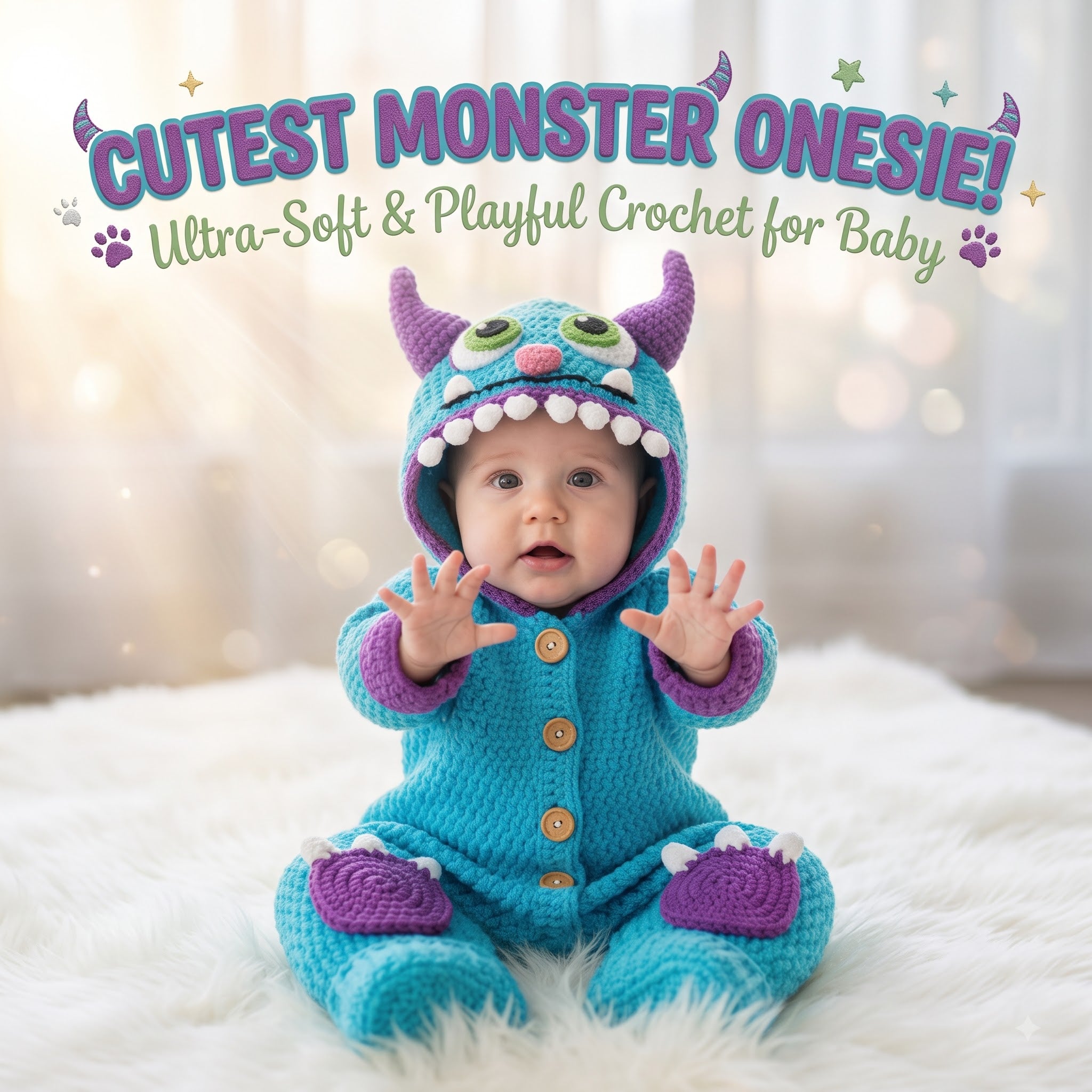 Crochet Blue Monster Baby Outfit, Hooded Romper with Horns, Newborn Halloween Costume, Infant Photo Prop, Baby Shower Gift