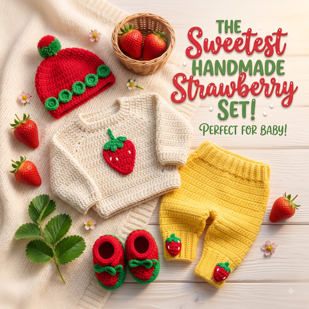 Crochet Strawberry Baby Outfit Set, Sweater Pants Hat and Booties, Newborn Photo Prop, Berry First Birthday, Baby Shower Gift
