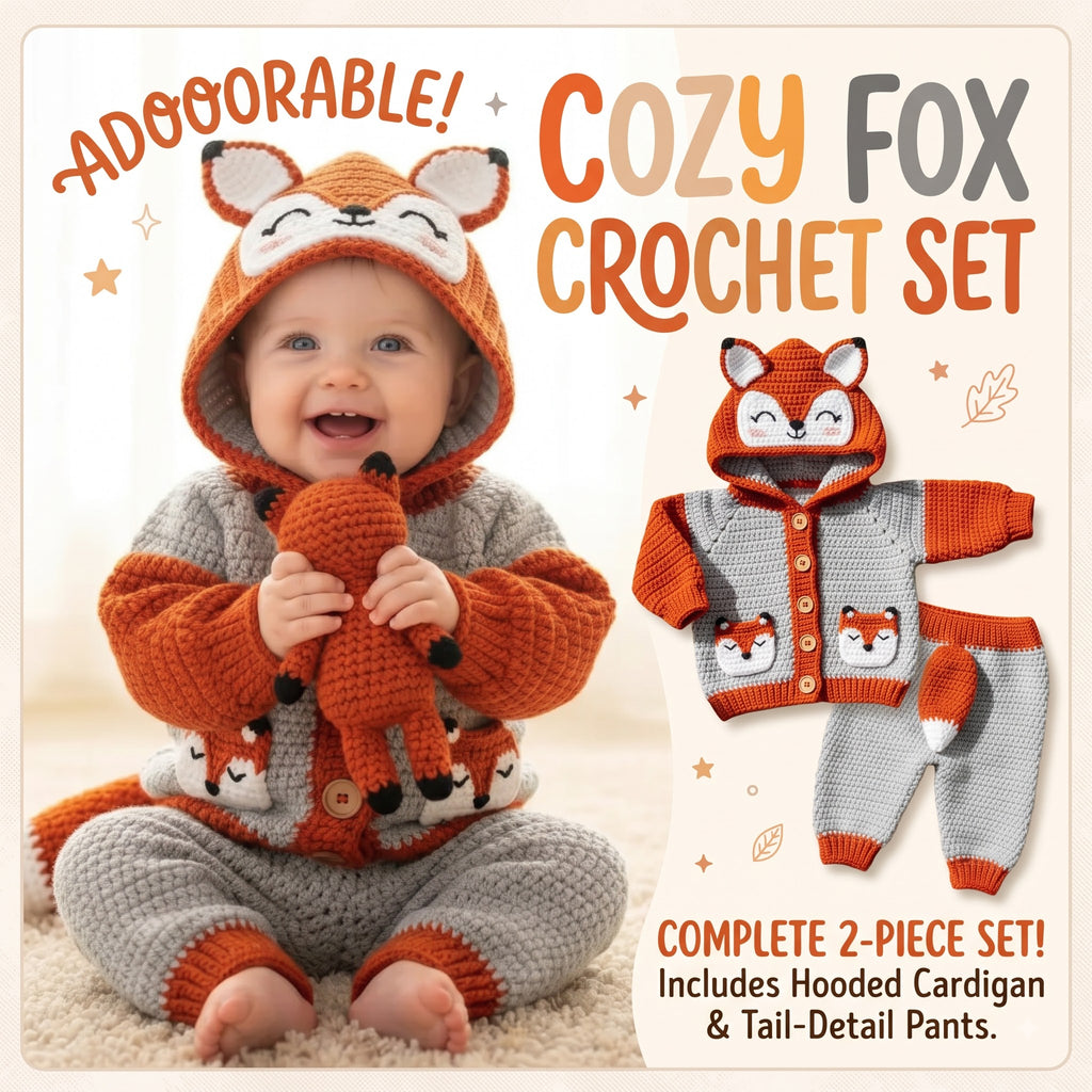 Crochet Fox Baby Outfit Set, Hooded Cardigan and Pants with Tail, Woodland Newborn Photo Prop, Baby Halloween Costume, Baby Shower Gift