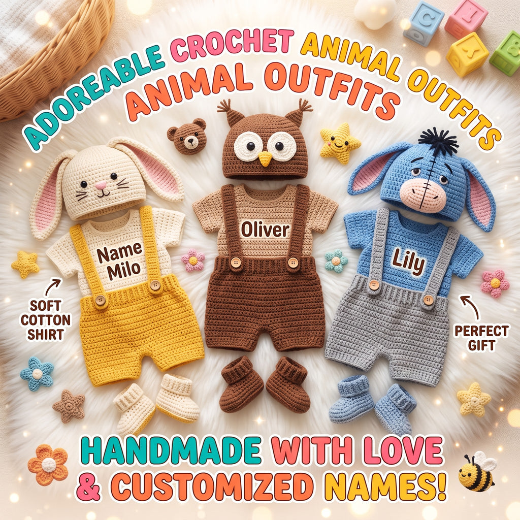 Personalized Crochet Baby Animal Outfit, Bunny Owl Donkey Set, Newborn Photo Prop, Coming Home Outfit, Baby Shower Gift