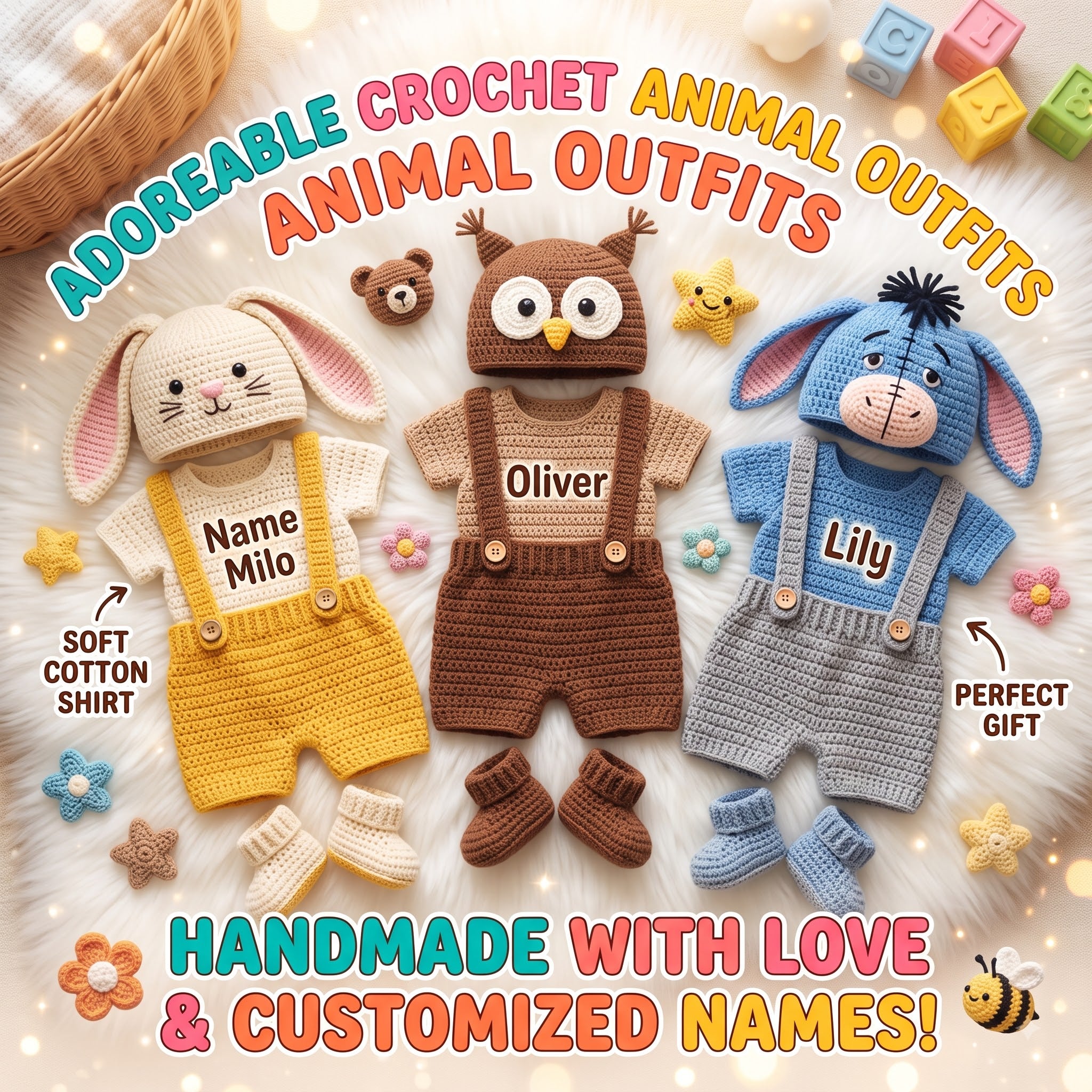 Personalized Crochet Baby Animal Outfit, Bunny Owl Donkey Set, Newborn Photo Prop, Coming Home Outfit, Baby Shower Gift