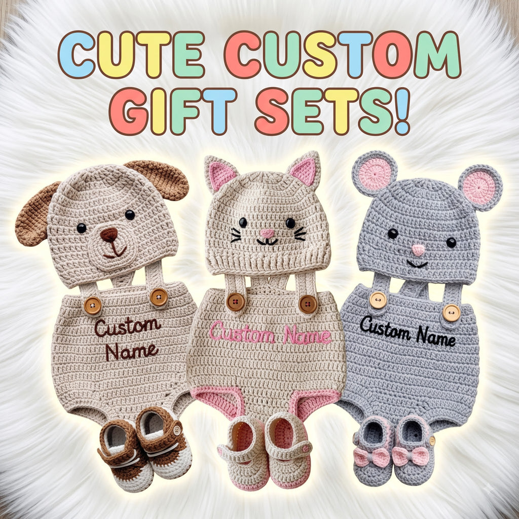 Personalized Crochet Baby Outfit Set, Puppy Cat Mouse Romper with Hat and Booties, Newborn Photo Prop, Custom Baby Shower Gift