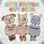 Personalized Crochet Baby Outfit Set, Puppy Cat Mouse Romper with Hat and Booties, Newborn Photo Prop, Custom Baby Shower Gift