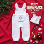 Crochet Baby Christmas Outfit, White Snowflake Overalls and Bear Ear Hat, Newborn Photo Prop, Winter Baby Outfit, First Christmas Gift