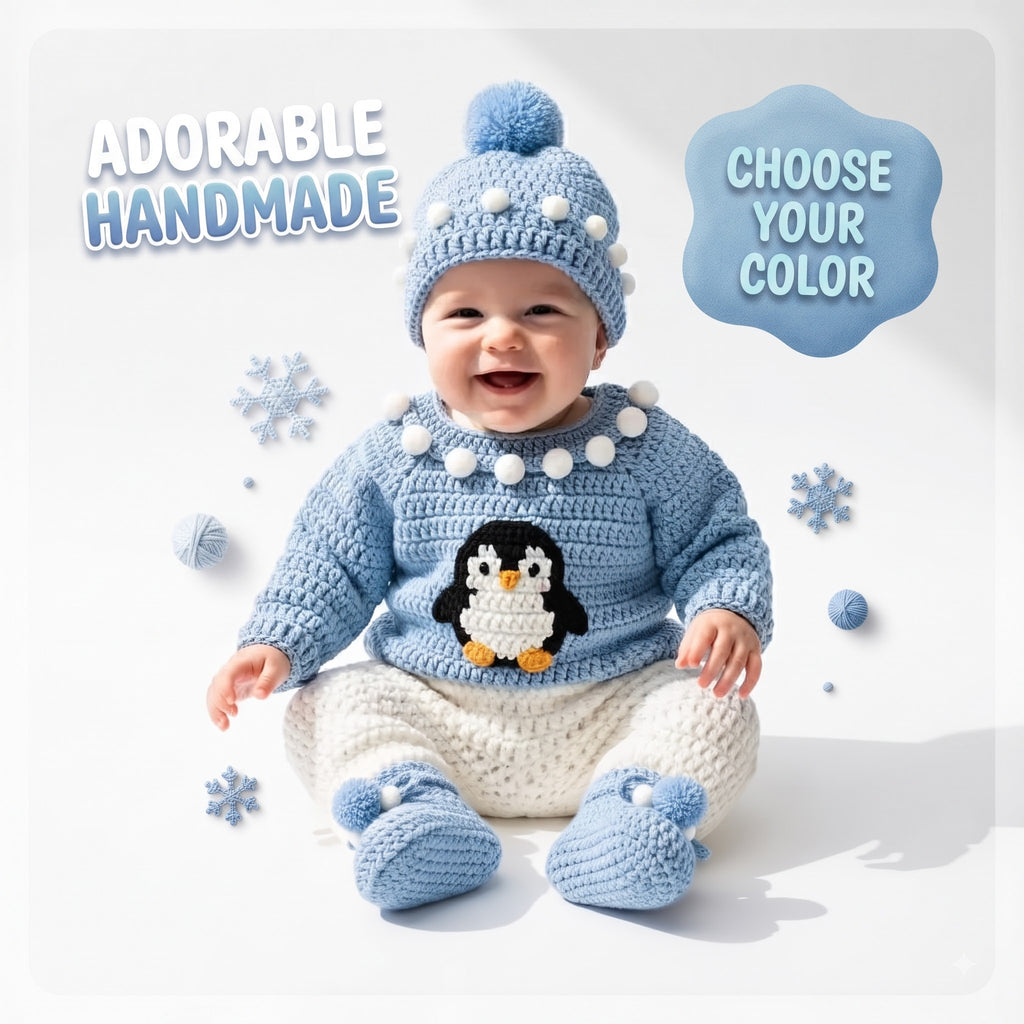 Crochet Penguin Baby Outfit Set, Blue Sweater, Pants, Pom Hat and Booties, Newborn Photo Prop, Coming Home Outfit, Baby Shower Gift