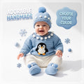 Crochet Penguin Baby Outfit Set, Blue Sweater, Pants, Pom Hat and Booties, Newborn Photo Prop, Coming Home Outfit, Baby Shower Gift
