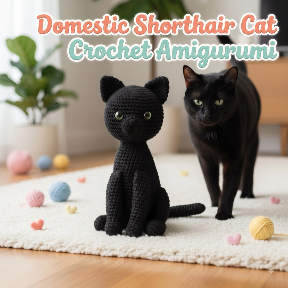A black crocheted cat figurine sits on a white rug in a cozy indoor setting, with a real black cat standing behind it. The text at the top reads 'Domestic Shorthair Cat Crochet Amigurumi'.