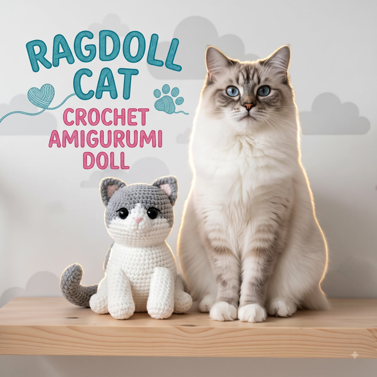 A fluffy cream and gray cat sits beside a crocheted amigurumi cat doll on a wooden surface, with the text 'RAGDOLL CAT CROCHET AMIGURUMI DOLL' in the upper left against a soft cloud-patterned background.