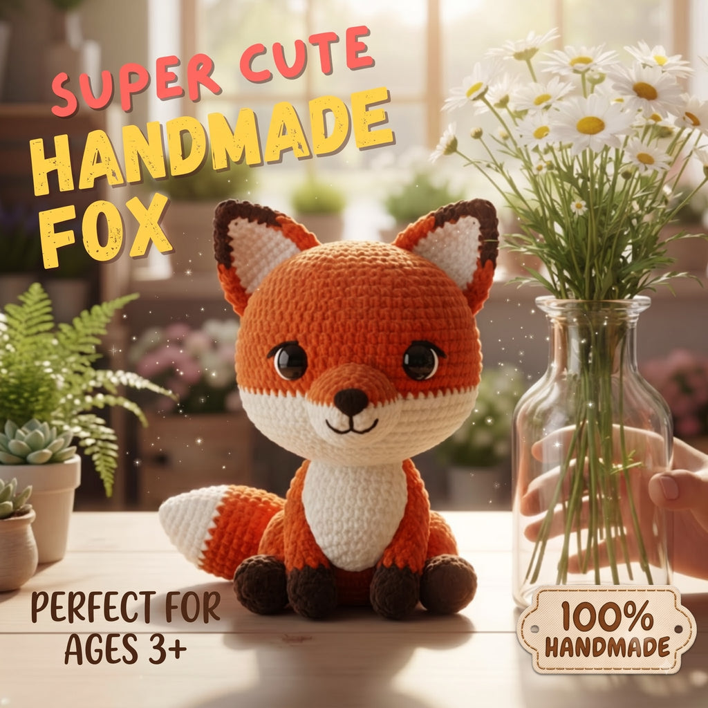 A crocheted fox plush toy sits on a tabletop beside a glass vase with white daisies. Large text reads 'SUPER CUTE HANDMADE FOX' and 'PERFECT FOR AGES 3+', with a badge saying '100% HANDMADE'.