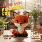 A crocheted fox plush toy sits on a tabletop beside a glass vase with white daisies. Large text reads 'SUPER CUTE HANDMADE FOX' and 'PERFECT FOR AGES 3+', with a badge saying '100% HANDMADE'.