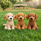 Three handmade crocheted golden retriever plush toys are sitting on green grass outdoors, with warm string lights and a blurred garden background. Text at the top reads 'HANDMADE CROCHET GOLDEN RETRIEVERS Snuggle-Soft Friends'.
