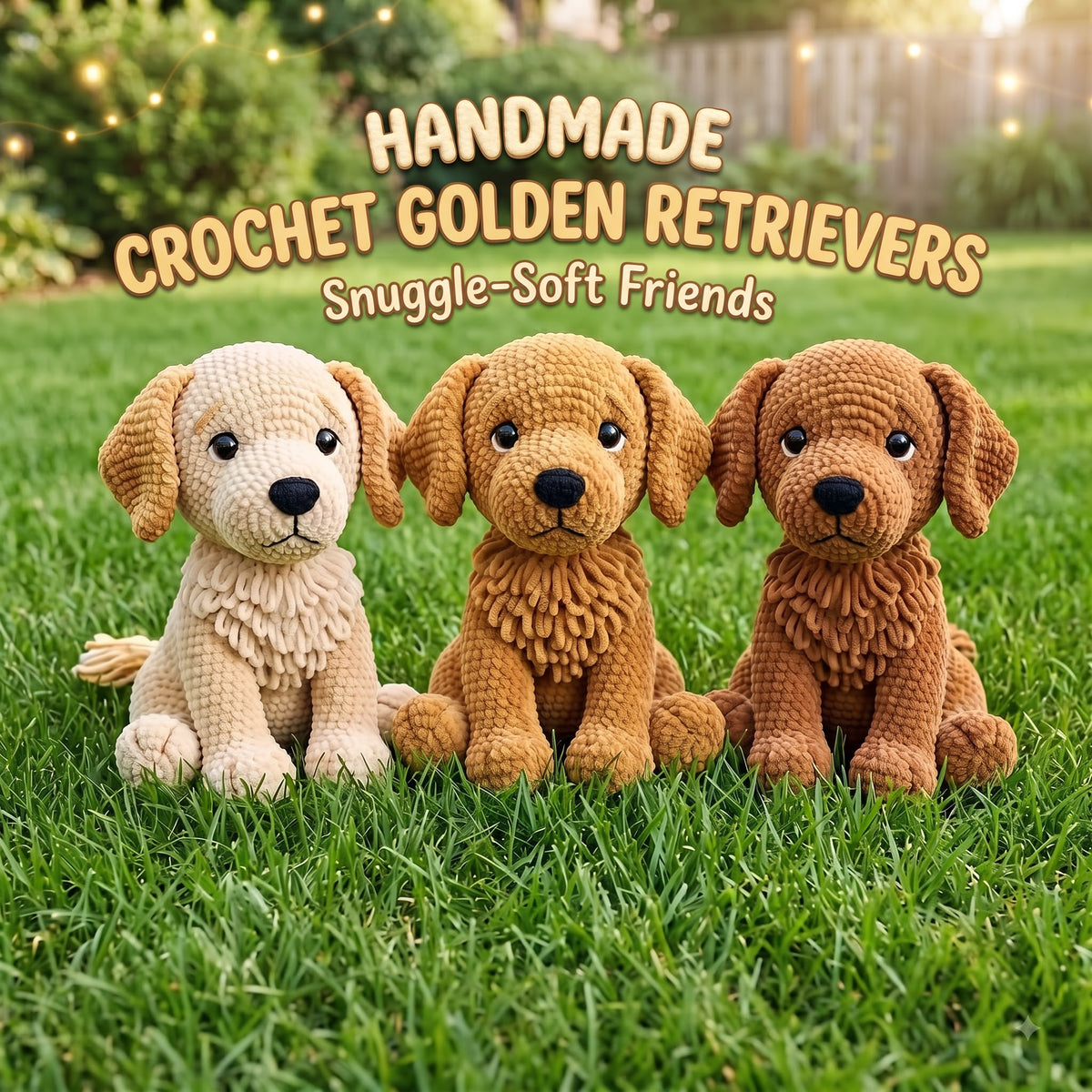 Three handmade crocheted golden retriever plush toys are sitting on green grass outdoors, with warm string lights and a blurred garden background. Text at the top reads 'HANDMADE CROCHET GOLDEN RETRIEVERS Snuggle-Soft Friends'.