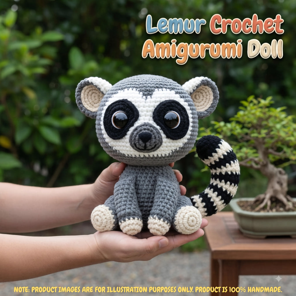 A crocheted amigurumi doll shaped like a lemur/raccoon sits on two human hands, with a blurred garden and bonsai tree in the background. Large text at the top reads 'Lemur Crochet Amigurumi Doll' and a note at the bottom says product images are for illustration purposes only.