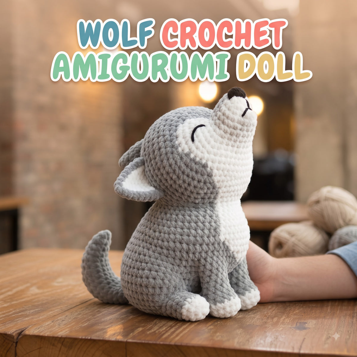 Handmade grey and white crochet wolf amigurumi doll in a howling posture sitting on a wooden table with text overlay reading "WOLF CROCHET AMIGURUMI DOLL".