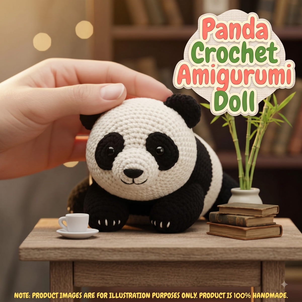 Handmade giant panda bear crochet amigurumi plush doll with black and white body sitting on a wooden desk next to a teacup, stack of books, and bamboo plant, with text reading Panda Crochet Amigurumi Doll.