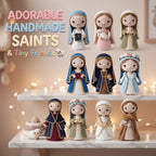 A set of handmade crocheted Saint dolls and tiny baby figures displayed on two white marble shelves with warm fairy lights in the background. The text 'ADORABLE HANDMADE SAINTS & Tiny Friends' is written on the top left.