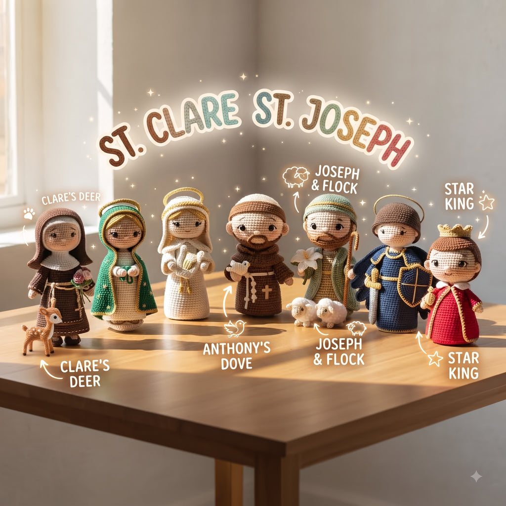 A group of crocheted religious figurines displayed on a wooden table in a softly lit room. The figures include St.