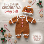 A plush handmade brown crochet gingerbread baby outfit with long sleeves, white icing-style trim, and peppermint buttons, laid flat next to a matching gingerbread beanie and Christmas props, with text reading THE Cutest GINGERBREAD Baby Set! and Perfect for Christmas Photos!