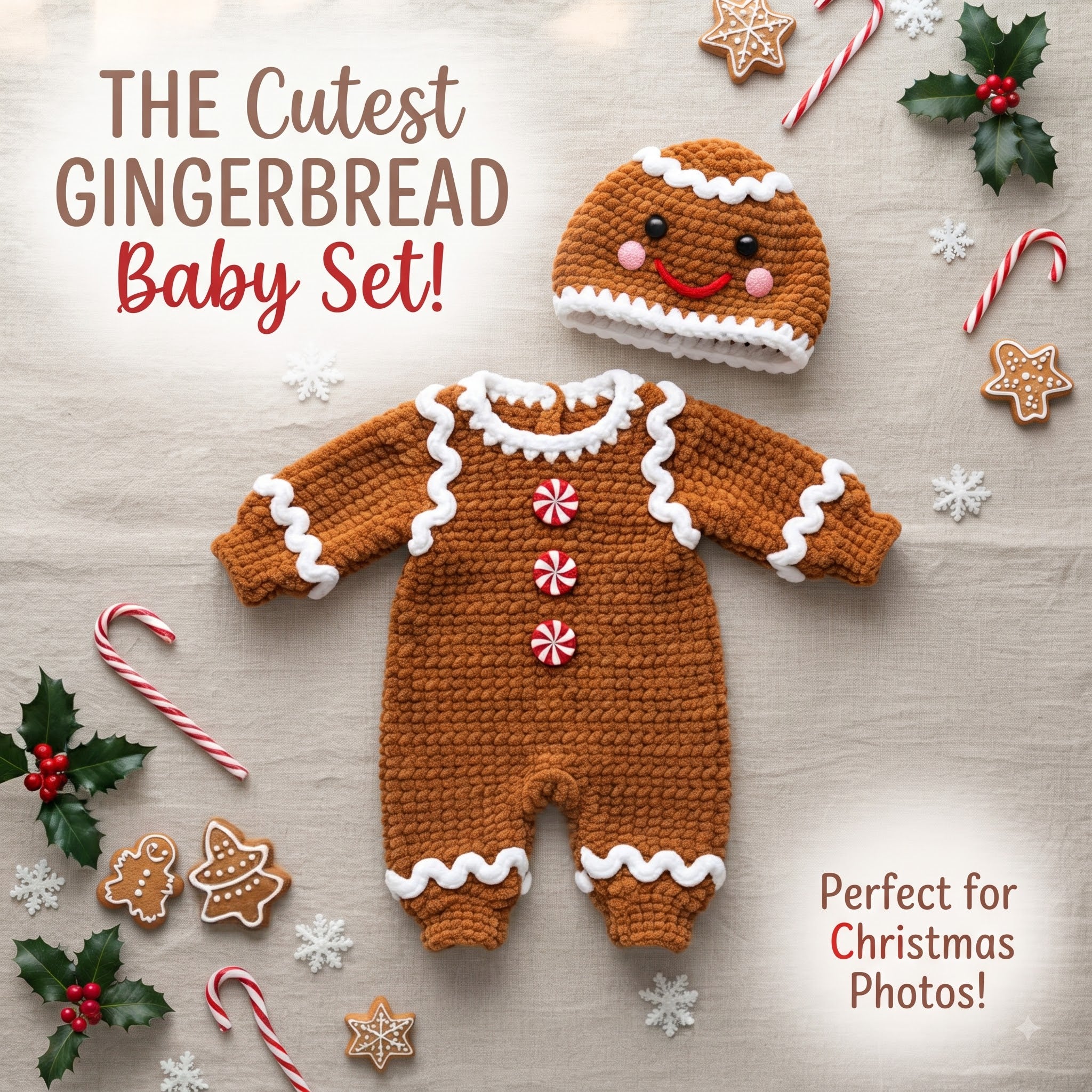 A plush handmade brown crochet gingerbread baby outfit with long sleeves, white icing-style trim, and peppermint buttons, laid flat next to a matching gingerbread beanie and Christmas props, with text reading THE Cutest GINGERBREAD Baby Set! and Perfect for Christmas Photos!