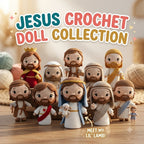 A group of crocheted Jesus doll figures and a lamb arranged on a wooden surface, with large text reading 'JESUS CROCHET DOLL COLLECTION' and smaller text 'MEET MY LIL' LAMB!'. The scene is styled as a cozy product showcase with soft background props.