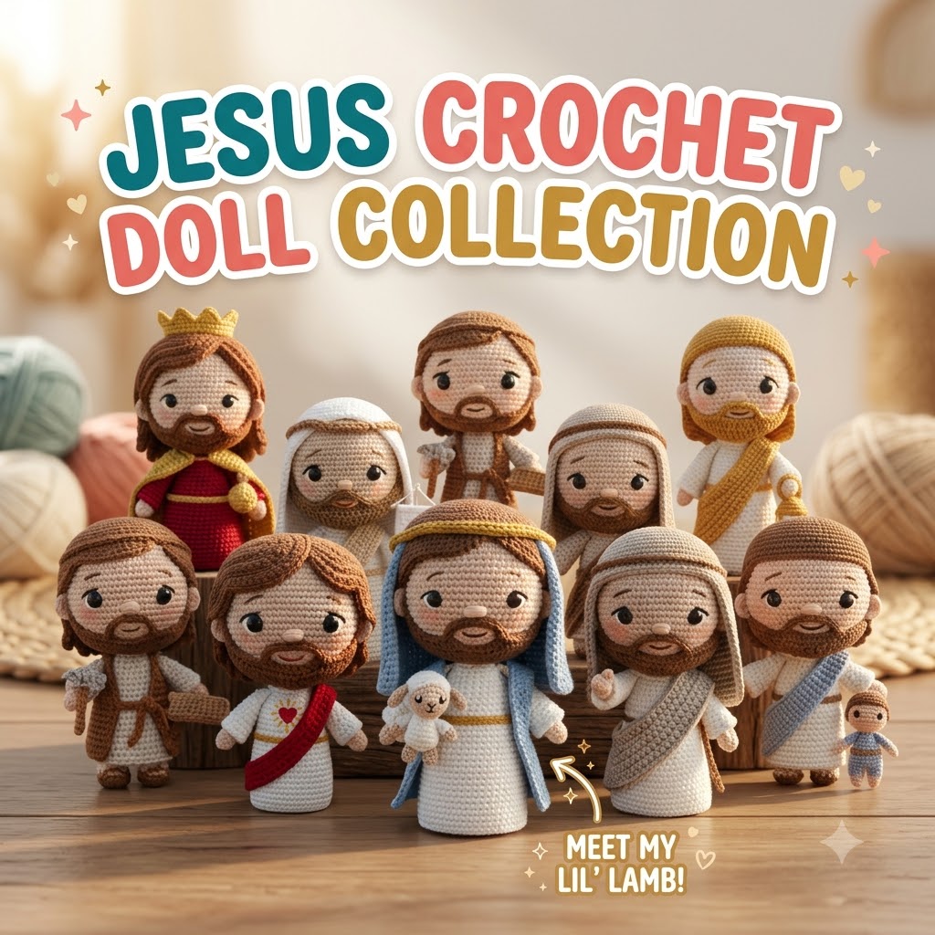 A group of crocheted Jesus doll figures and a lamb arranged on a wooden surface, with large text reading 'JESUS CROCHET DOLL COLLECTION' and smaller text 'MEET MY LIL' LAMB!'. The scene is styled as a cozy product showcase with soft background props.