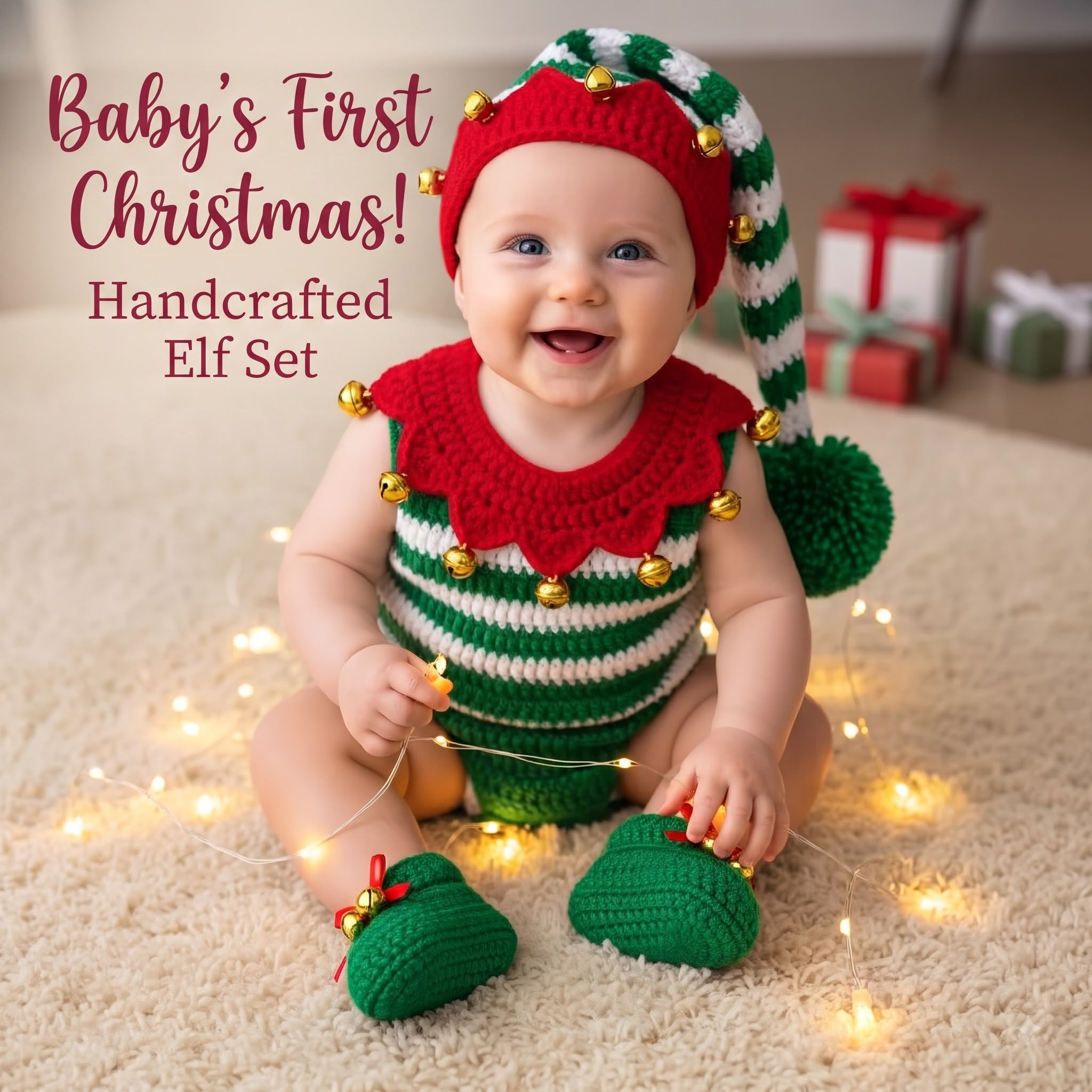 Personalized Crochet Baby Elf Outfit, Christmas Romper Hat and Booties Set, Newborn Photo Prop, First Christmas Costume Gift