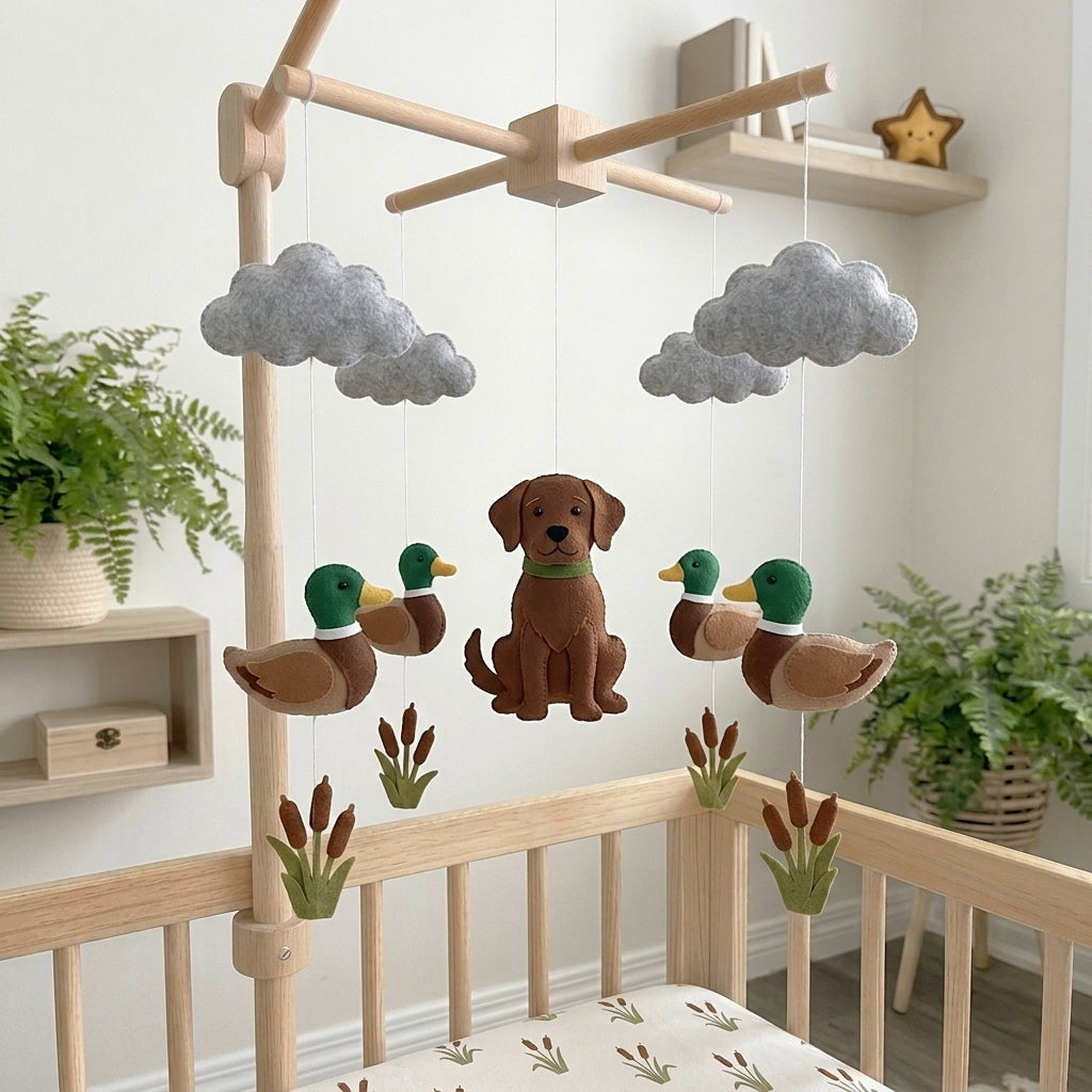 Felt Duck Hunting Baby Mobile, Custom Dog Nursery Crib Decor