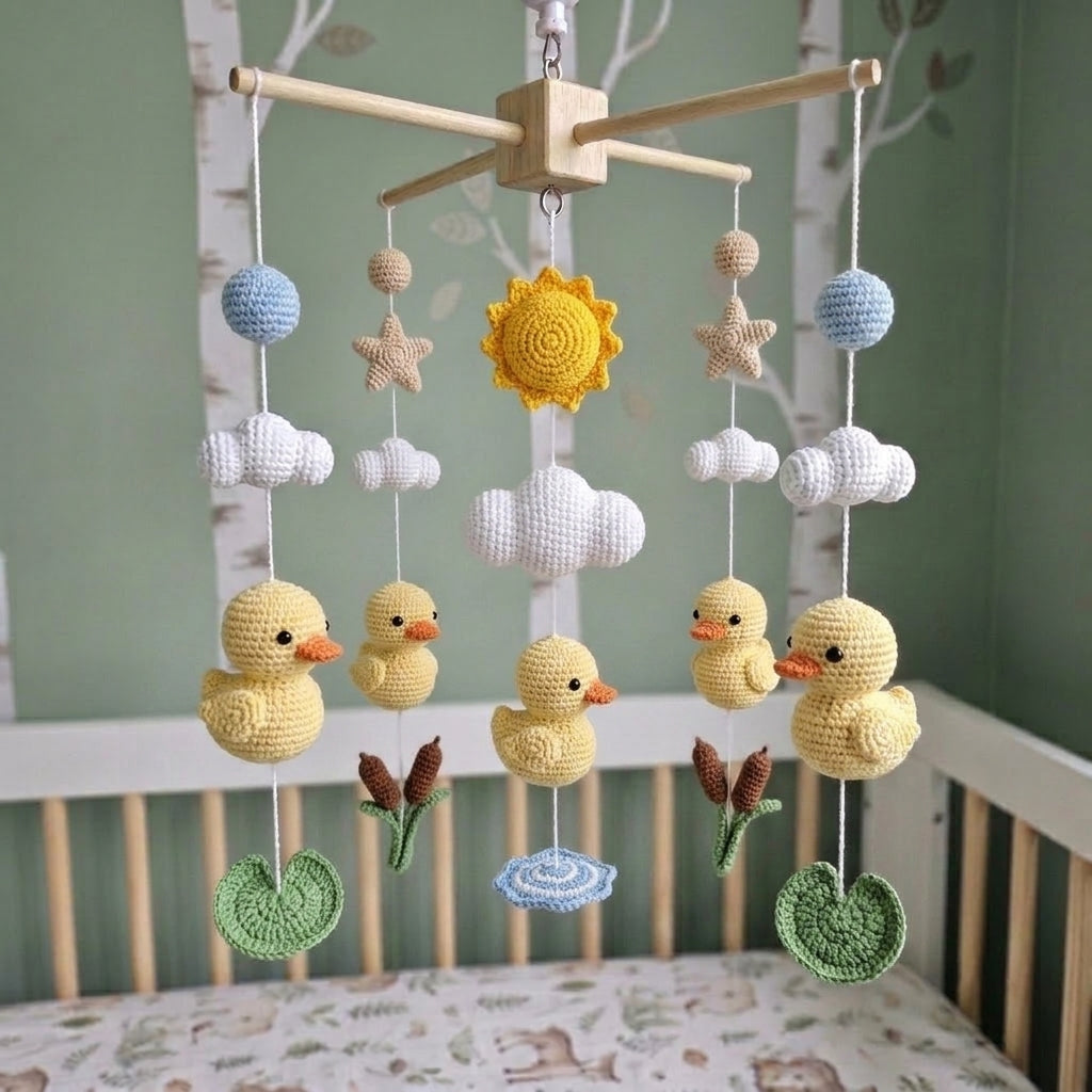 Duck Bond Crochet Baby Mobile, Handmade Pond Crib Hanging with Ducklings, Cattails, Lily Pads and Sunshine
