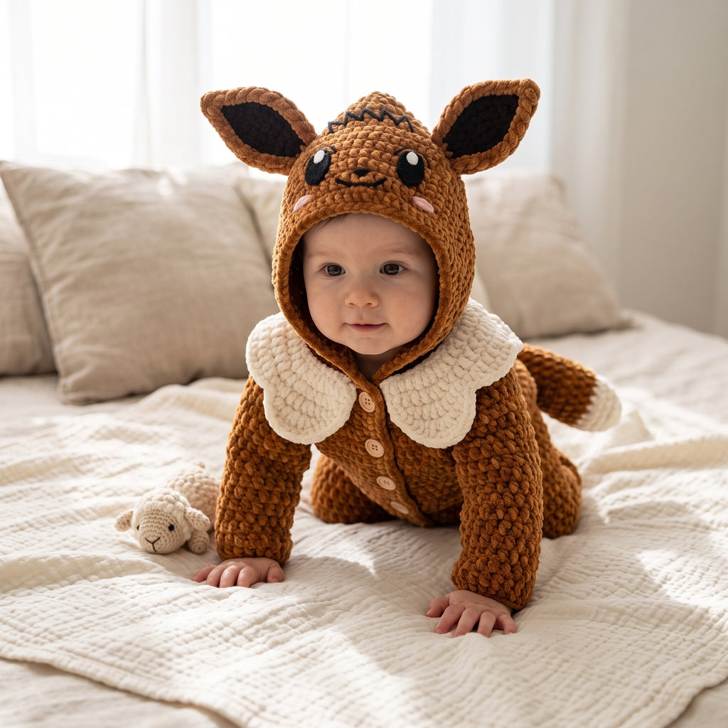 Handmade Fox Baby Romper, Crochet Woodland Animal Onesie, Brown Hooded Newborn Outfit, Baby Shower Gift, Baby Photo Prop