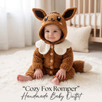 Handmade Fox Baby Romper, Crochet Woodland Animal Onesie, Brown Hooded Newborn Outfit, Baby Shower Gift, Baby Photo Prop