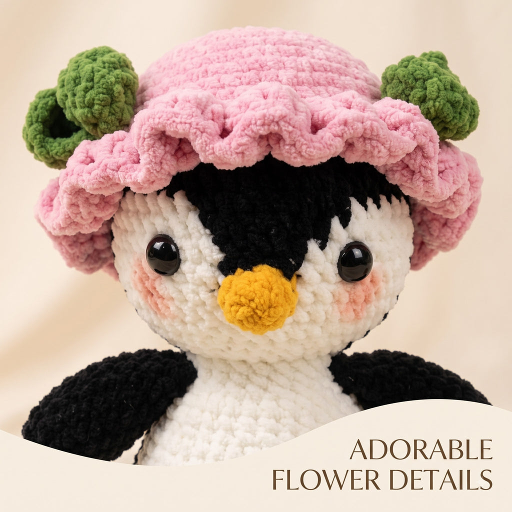 A crocheted penguin plush toy wearing a pink flower hat with green leaves, shown against a soft beige background with the text 'ADORABLE FLOWER DETAILS' in the lower right.